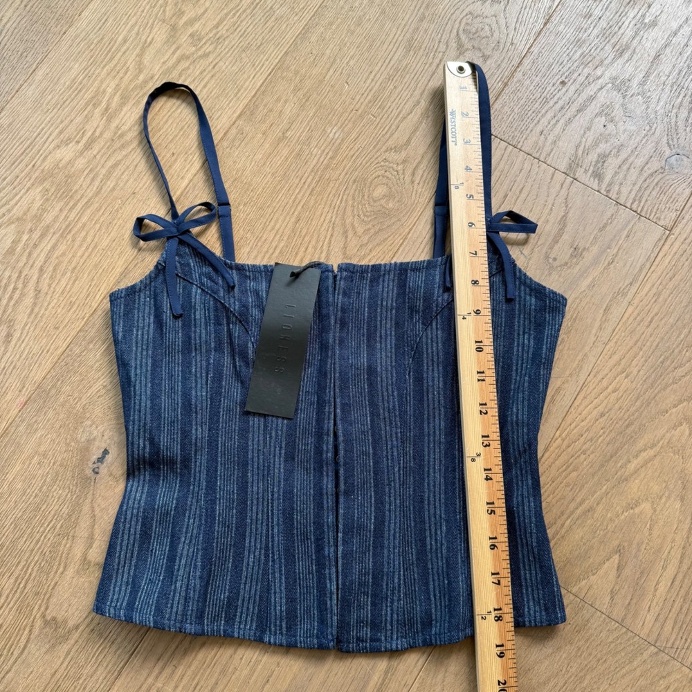 Lioness Charismatic Pinstripe Denim Set Corset Top S and Flare Jeans XS Blue - Picture 15 of 16